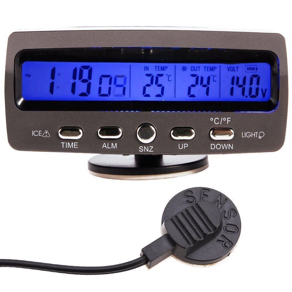 NAMVO 12V Car Voltage Monitor Meter Thermometer with Temperature Time LCD Display