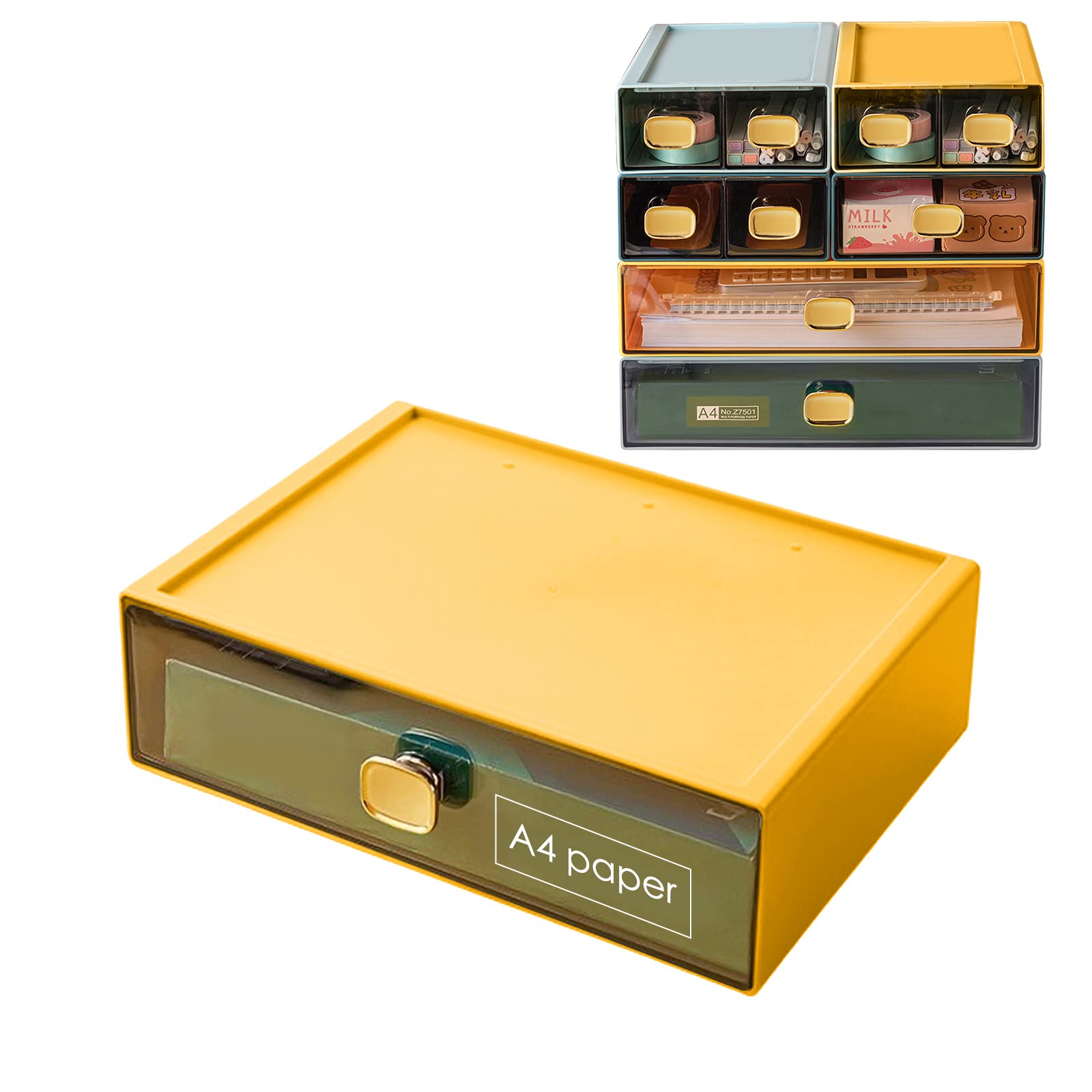 Photo 1 of DETEIN Stackable Desk Drawer Organizer 13''x9''x3.3'' Desktop Paper Organizer for Printer Paper File Office Drawer Organizer Box Clear Storage Drawer for Stationery, School, Dorm(Yellow,L-1 Drawer)