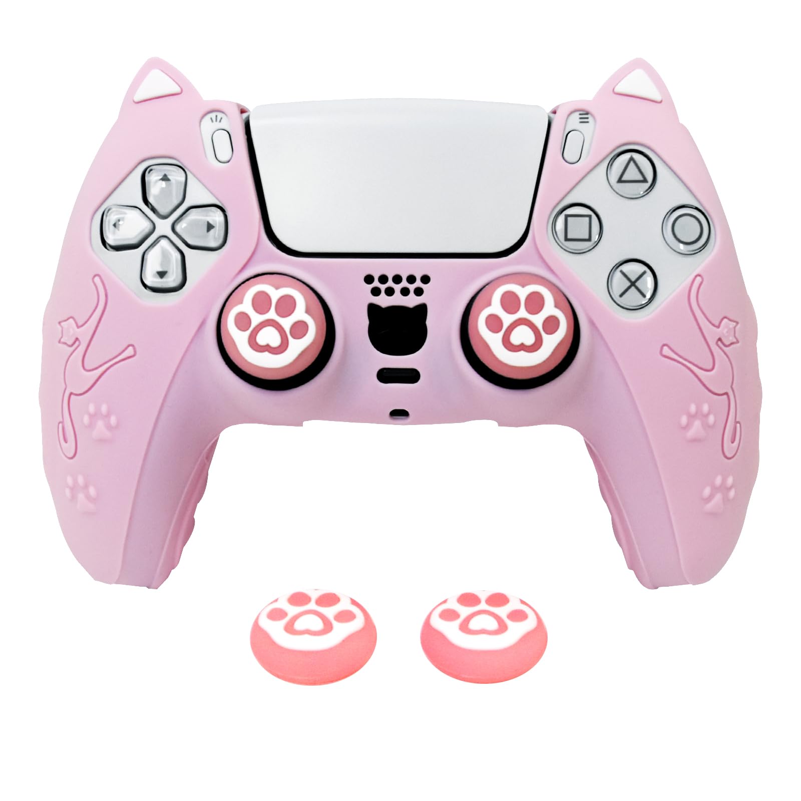 HLRAO Pink Cat Ear PS5 Controller Cover - Cute Silicone Skin with Cat & Paw Prints + 2 Matching Cat Paw Thumbstick Caps | Kawaii Non-Slip Grip for PlayStation 5 Controller
