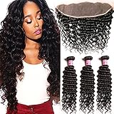 Beauty Forever Virgin Brazilian Hair Deep Wave Bundles with 13x4 Ear to Ear Lace Frontal Closure 100% Unprocessed Human Hair Extensions(14 16 18+12 frontal)