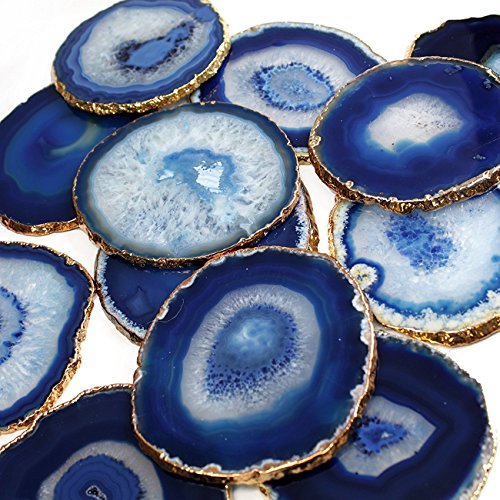 JIC Gem Golden Plated Dyed Blue Agate Coasters, 6 pcs set, 3-4", with Rubber Bumper - Thumbnail 6
