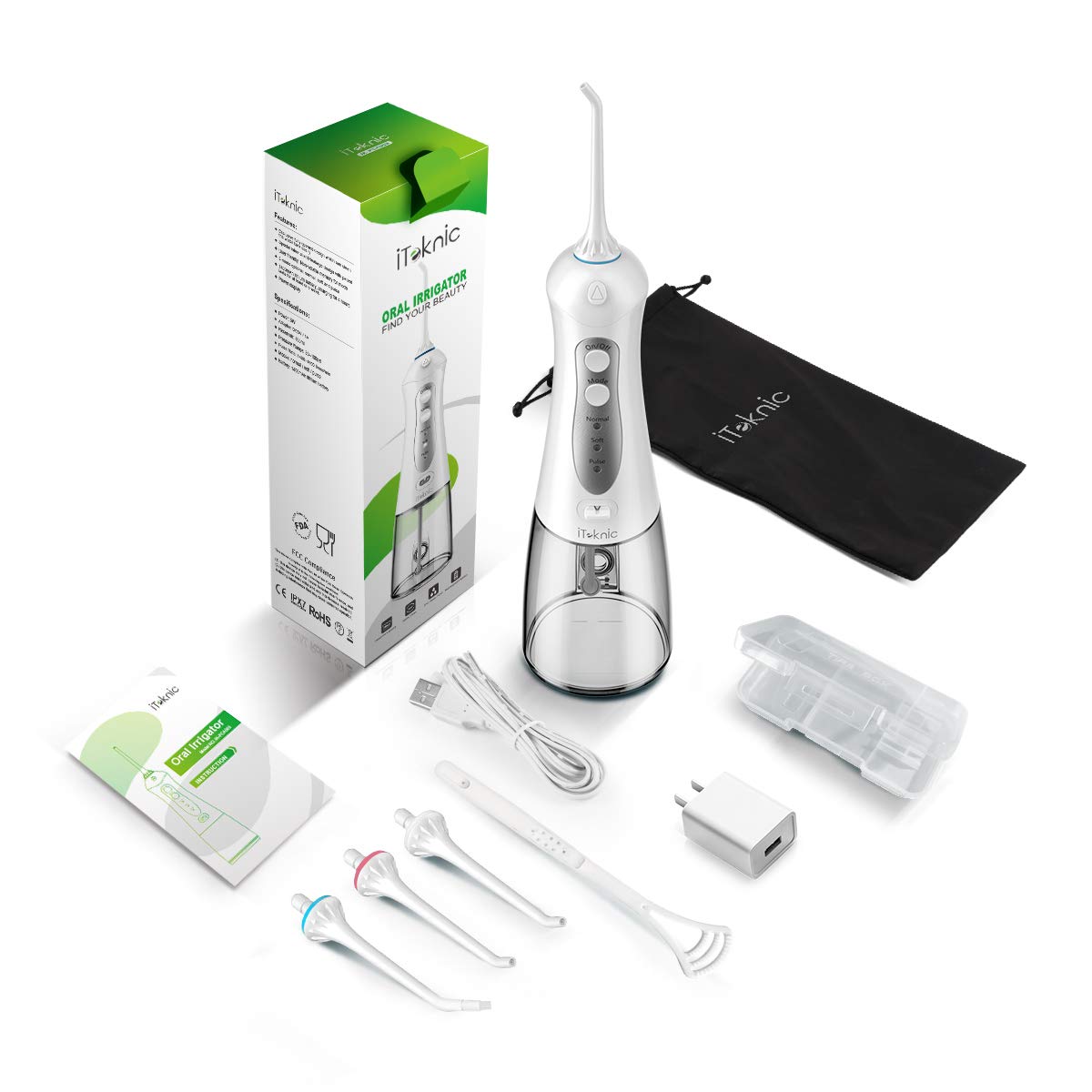 Water Flosser Teeth Cleaner, iTeknic Professional Cordless Dental Oral Irrigator 300ML Portable and Rechargeable IPX7 Waterproof 3 Modes Water Flossing with 5 Jet Tips for Home and Travel- Grey