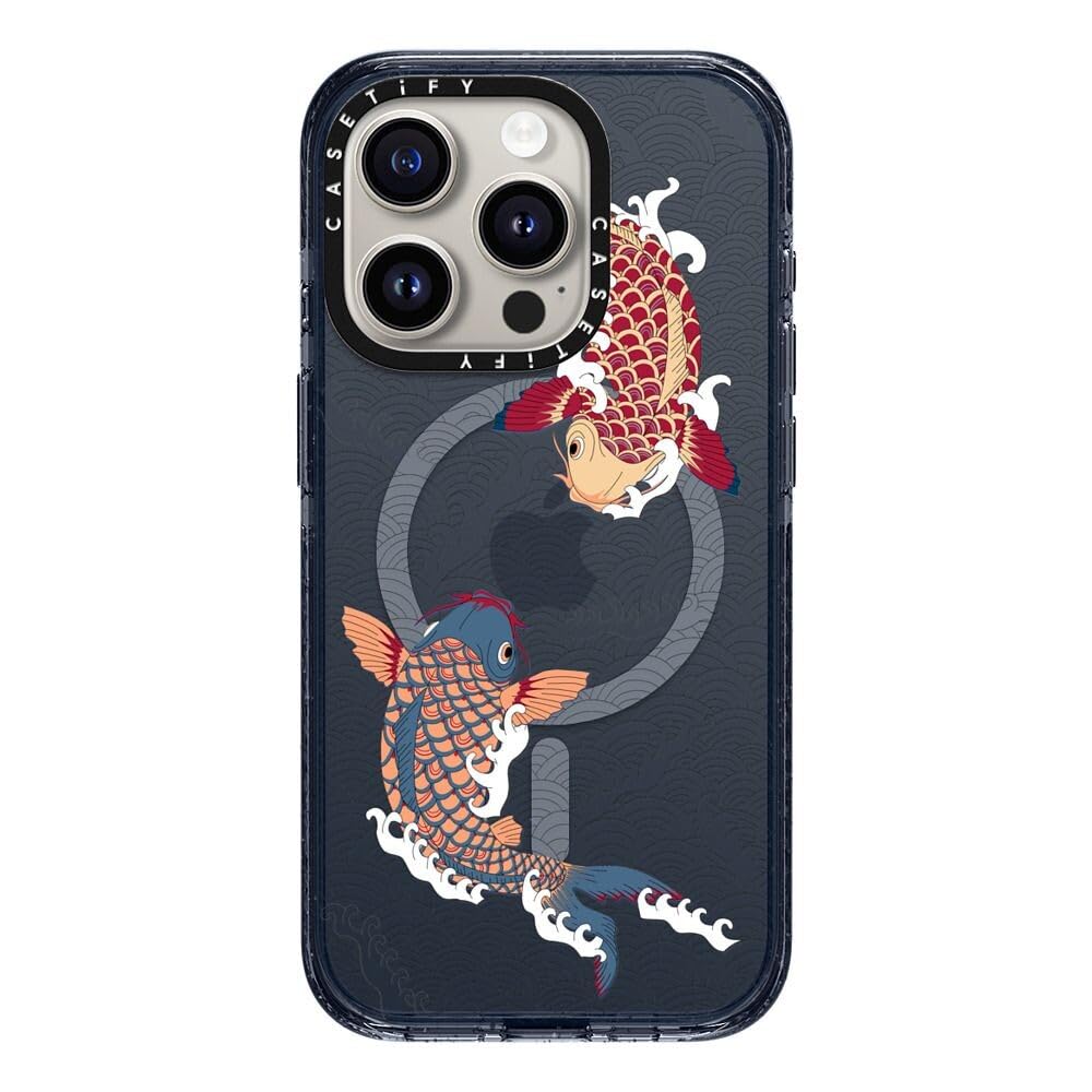 CASETiFY Impact iPhone 15 Pro Case [4X Military Grade Drop Tested / 8.2ft Drop Protection/Compatible with Magsafe] - Koi Fish Japanese Tattoo - Classic Blue