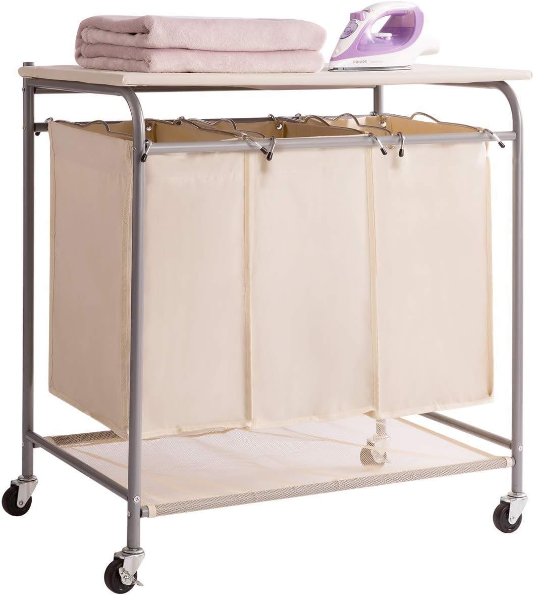 Rolling Laundry Sorter Cart Heavy Duty 3 Bags Laundry Hamper Sorter with Ironing Board,B