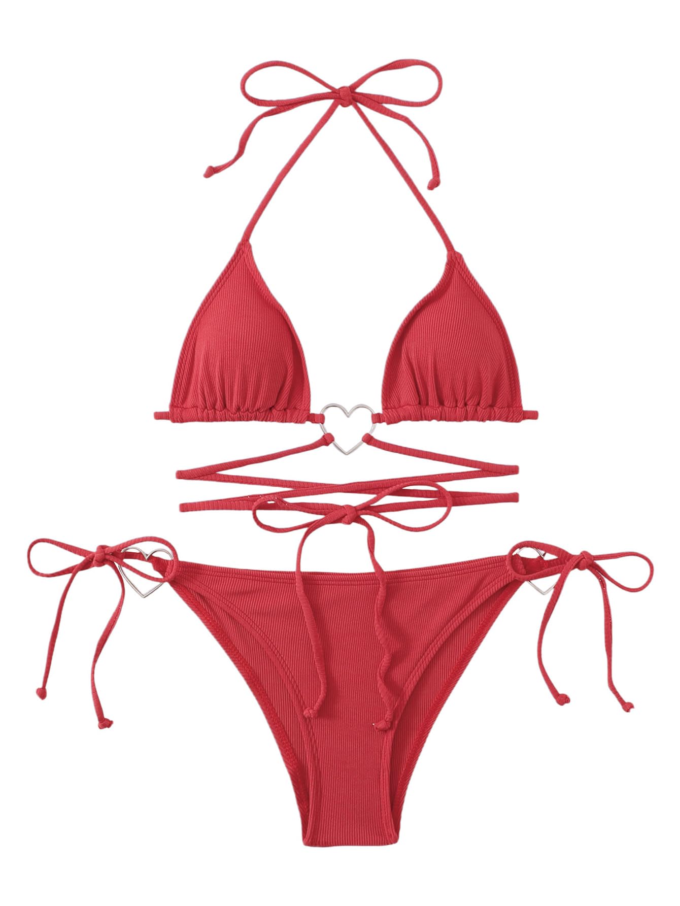 Photo 1 of Milumia Women Two Piece Heart Ring Linked Bikini Set Lace Up Tie Halter Swimsuit Rose Red Small