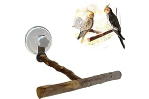 Portable Bird Perch Stand- T-Shaped Natural Apple Wood with Vacuum-Grip Suction Cup for Windows, Flat Tiles, Bath/Car/Travel 