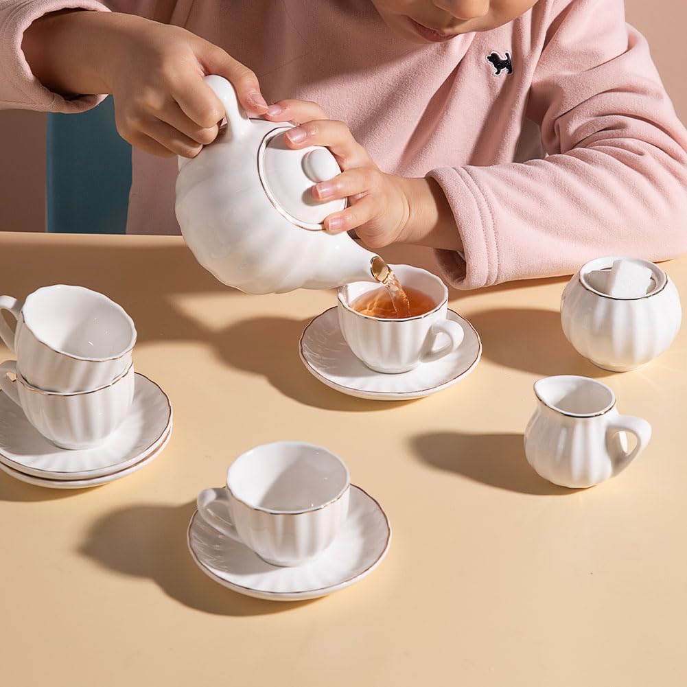 Sweejar Porcelain Toy Tea Sets British Royal Series, Vintage Style Tea Set for Children, Cups & Saucer Service for 4, with Teapot, Sugar Bowl and Cream Pitcher(White)