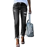EVALESS Women's High Waisted Tummy Control Straight Ankle Ripped Jeans