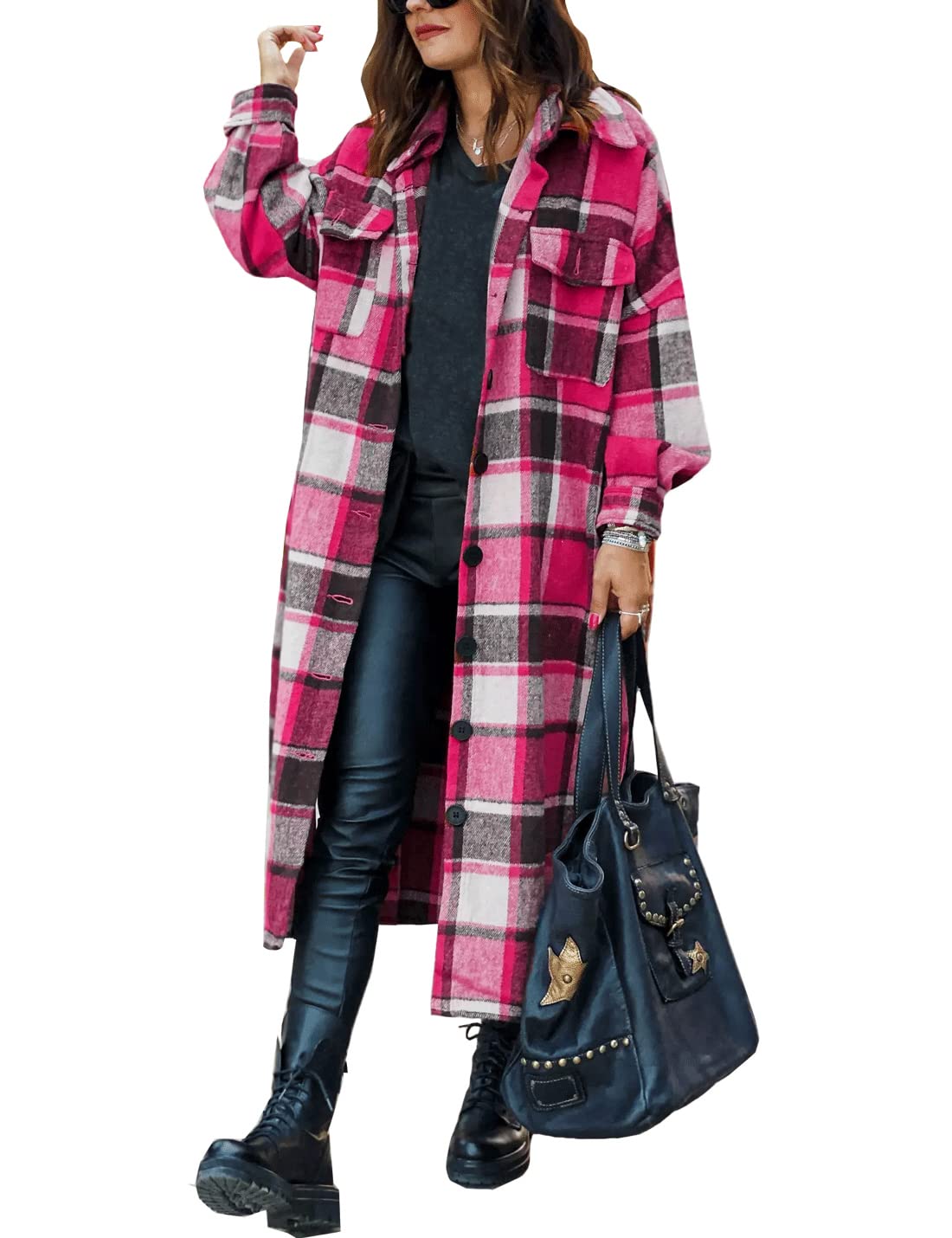 SKIKYAN Women Fall Flannel Plaid Shacket Jacket Oversized Button Down Long Shirt Jacket (Rose, Large) Image