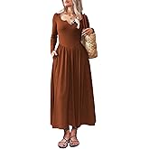 Mieazom Long Sleeves Maxi Dress for Women A Line 2025 V Neck Casual Button Boho Tshirt Long Dress with Pockets