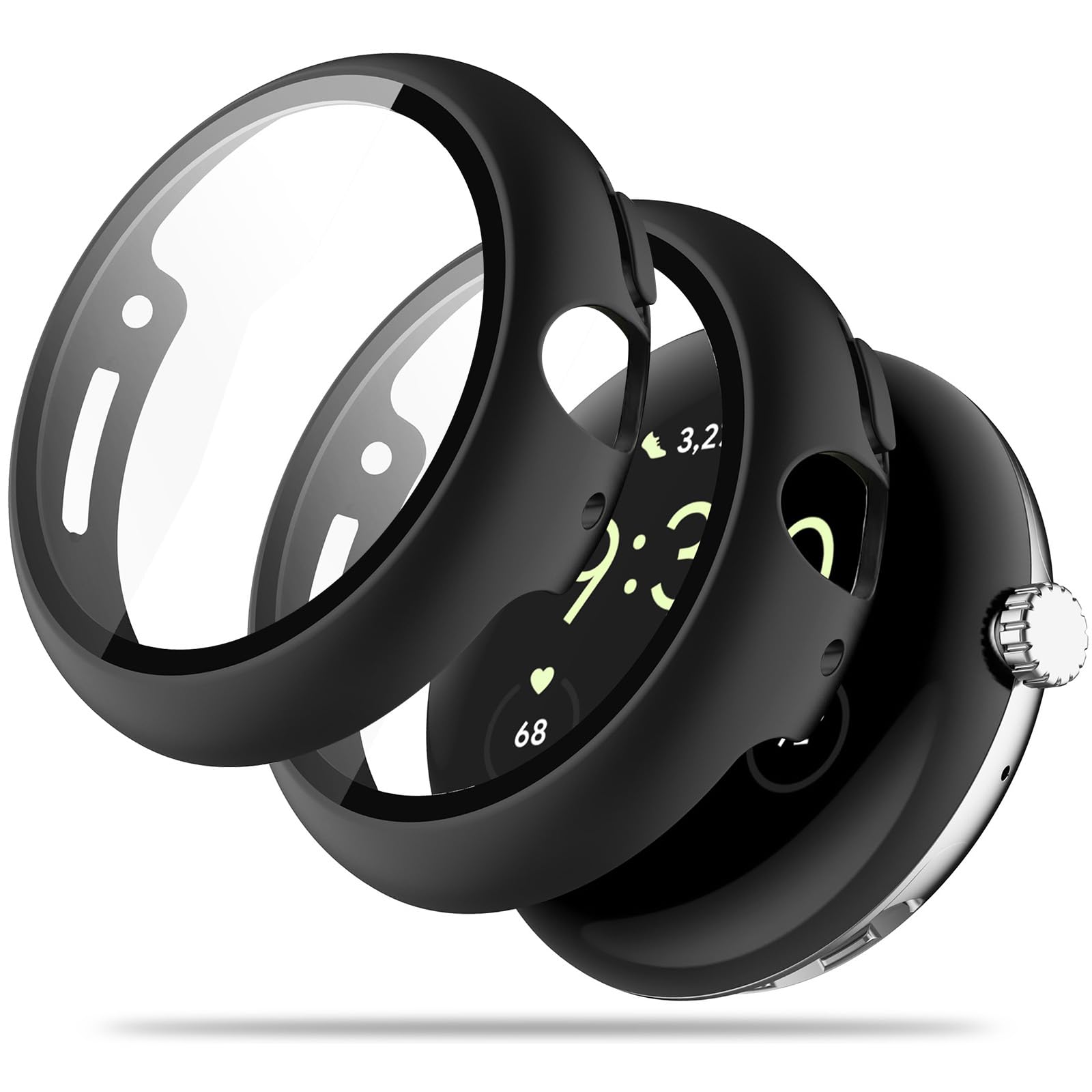 Miimall [2 Pack] Compatible with Google Pixel Watch 2 2023/ Pixel Watch Case, [Tempered Glass Screen Protector] [Hard Bumper] Ultra-Thin PC Shockproof All-Around Protective Case Cover, Black+Black