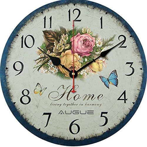 Round Wall Clock, Augue Wooden Round Wall Clock Vintage France Paris Country Tuscan Style Sweet Rose Retro Kitchen Home Clock Gift,12-inches