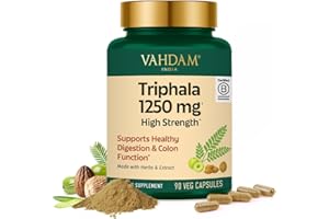 VAHDAM Triphala Capsules 1250 mg - High Strength Supplement with Amla, Bibhitaki, Haritaki Extract | Supports Healthy Digestion & Colon Function | 90 Capsules