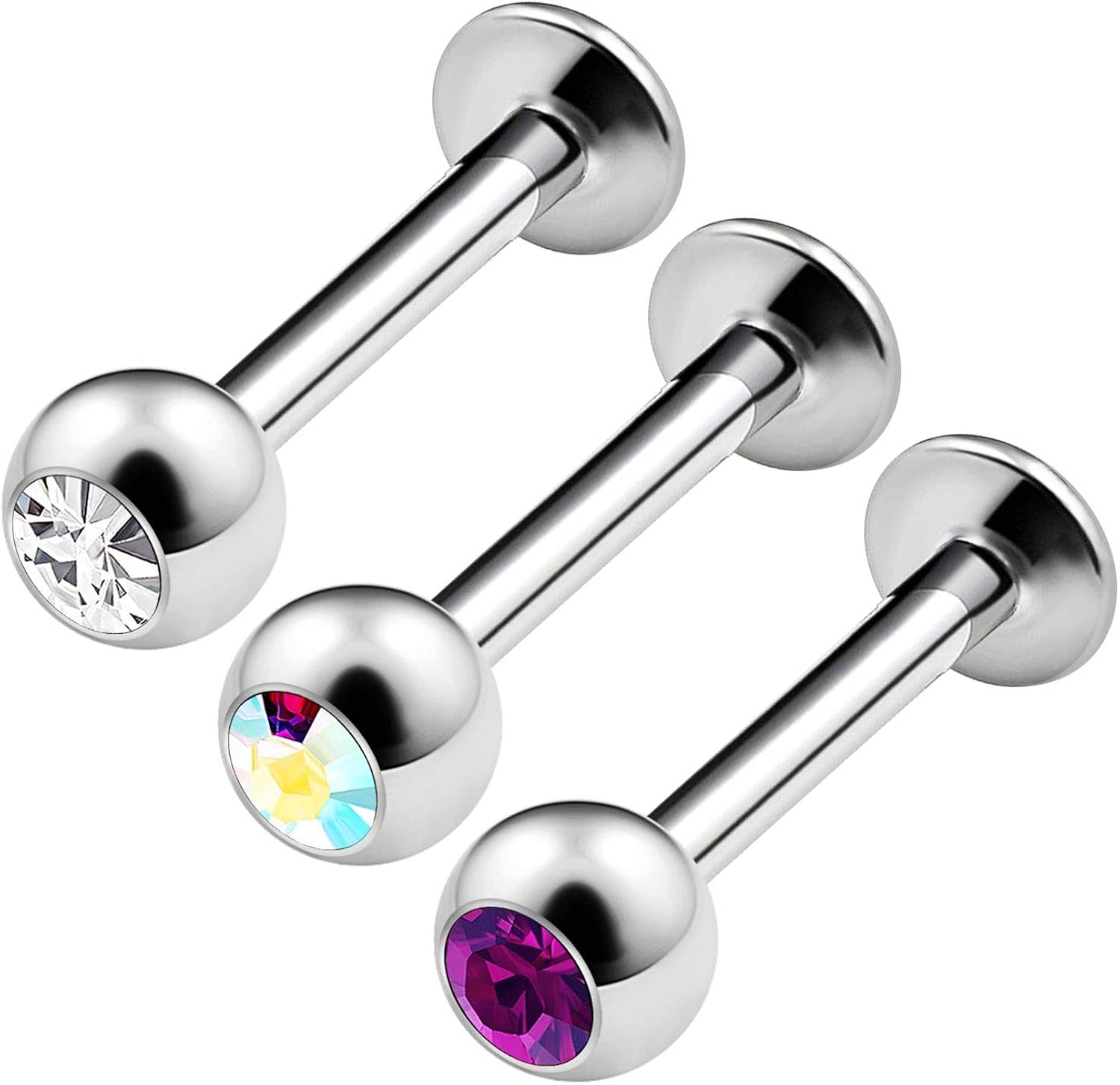3PCS Stainless Steel Labret Lip Rings 14 Gauge 5/16 8mm 4mm Crystal Ball Medusa Helix Earring
