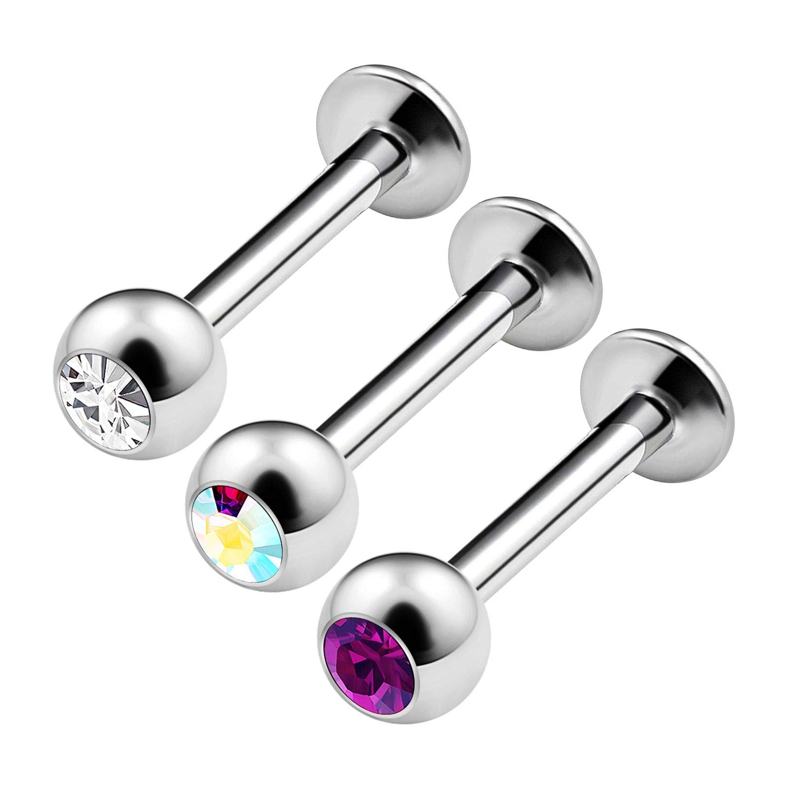 3 Pieces Surgical Steel Labret Lip Ring 14 Gauge 5/16 8 mm 4 mm Crystal Ball Hoop Earring Earring Piercing Jewelry See More Colours, Stainless Steel