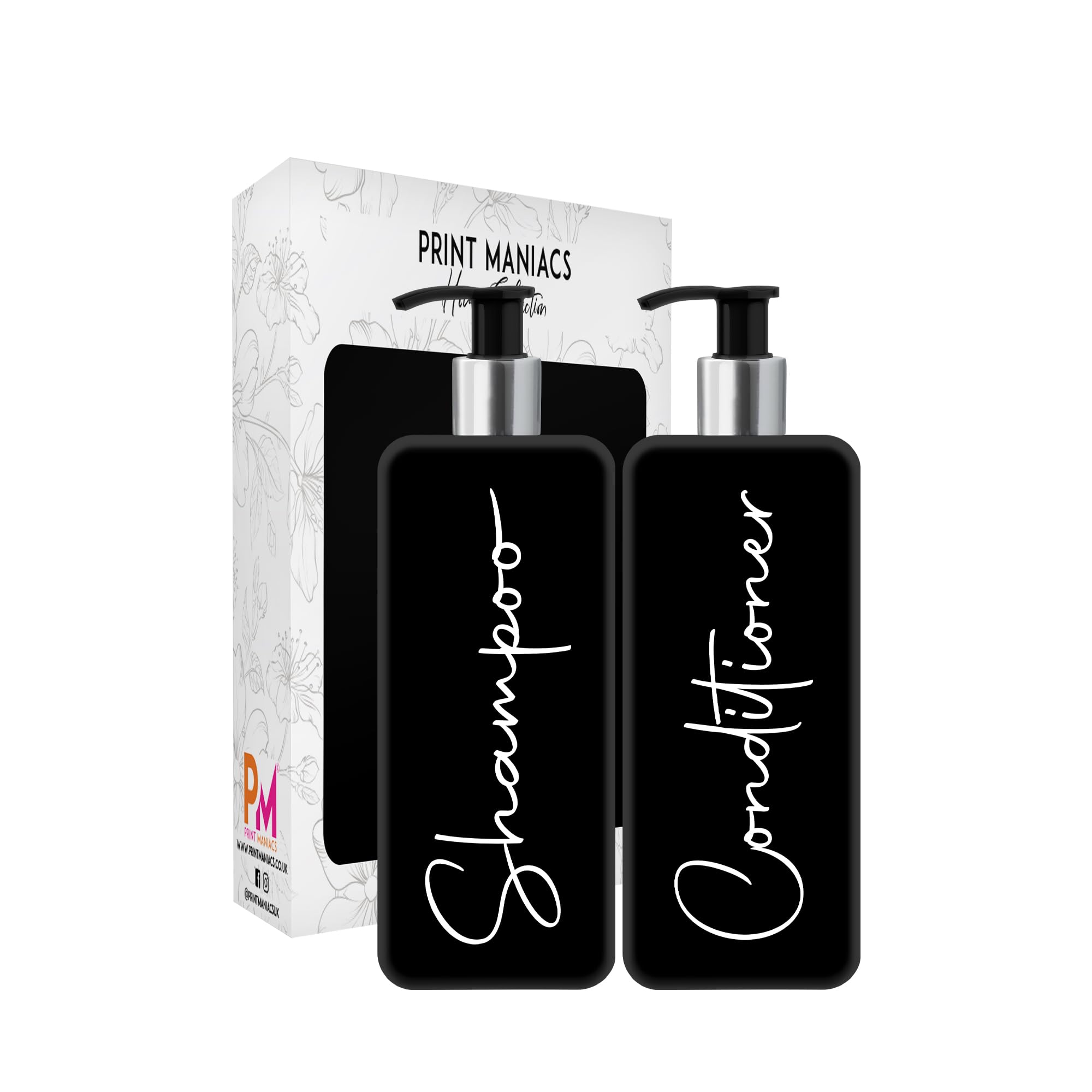 Print ManiacsMrs Hinch Inspired Signature Black 500ml Square Reusable Dispenser Bottle Silver Pump Personalised Bathroom Storage Toiletries Set F2 (White, Shampoo and Conditioner)