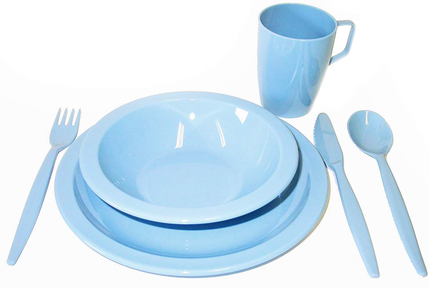 Harfield Pastel Blue Camping Dining Tableware Set - Plate, Bowl, Beaker & Cutlery Reusable Durable Polycarbonate Plastic