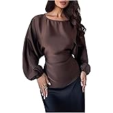 SHENHE Women's Satin Blouse Long Lantern Sleeve Dressy Casual Business Work Blouse Tie Back Top