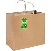 PAICUIKE 50Pcs Large Brown Paper Bags with Handles, 13x7x13 Inch Gift Bags for Business, Shopping, Party, Wedding & Birthday | Natural Brown Kraft Bags for Retail, Merchandise & Events
