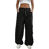 OYOANGLE Women's Low Waist Cargo Pants Wide Leg Y2K Parachute Trousers with Pockets