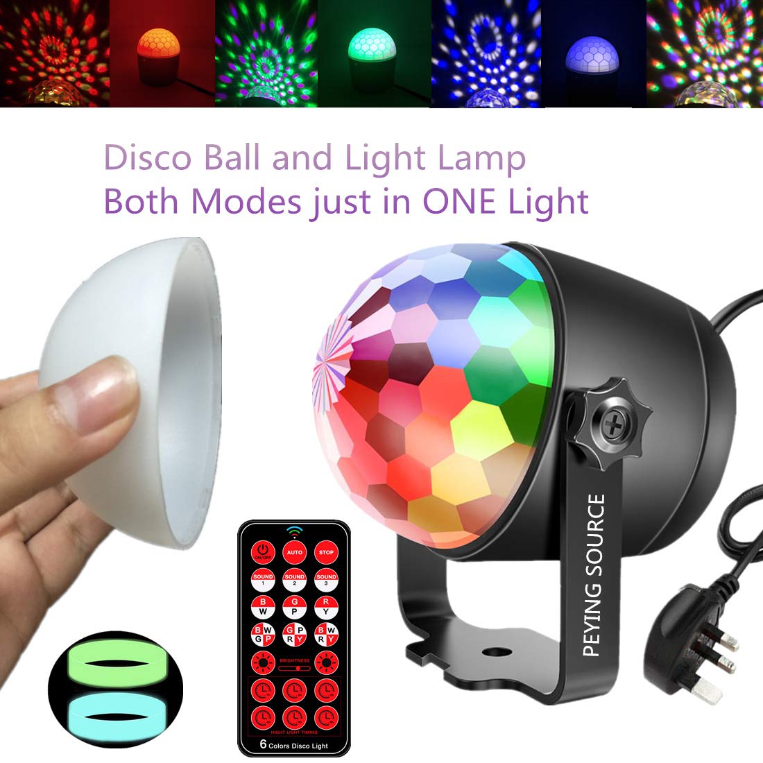 Disco Ball Party Lights Crystal Stage Light 6 Colors Sound Activated 2 in 1 Night Lamp (6 colors)
