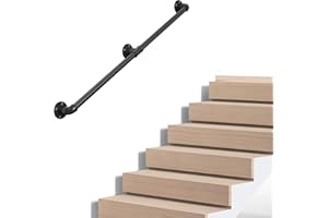 VZNEK Industrial Pipe Stair Handrail, Wall-Mounted Metal Hand Rail for Indoor & Outdoor Steps, Black Galvanized Iron, Vintage Farmhouse Style, Heavy Duty Support for Stairs & Porch (Black, 6.6ft)