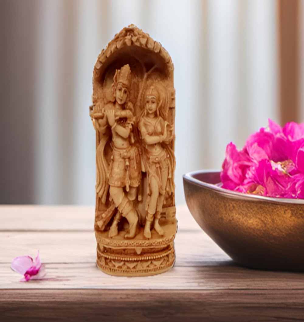 Purpledip Resin Idol Radha Krishna Raasleela: Decorative Statue In Wood Finish For Decoration Or Home Temple, Large (12662A)