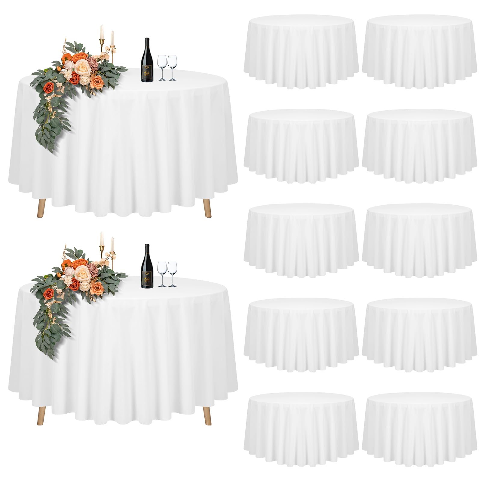 Photo 1 of 12 Pack White Polyester Tablecloths - 108 inch Round Table Covers, Waterproof, Stain Resistant, Washable for Wedding, Party, Buffet, Camping