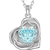 Aurora Tears Birthstone Rose Heart Pendant Necklace - 925 Sterling Silver Rose Cut Cubic Zirconia Love Necklace Anniversary Birthday Jewelry Gift for Women Wife Mom Daughter