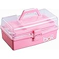 Kinsorcai 12'' Three-Layer Clear Plastic Storage Box with Handle, Craft Tool Box, 3 Layer Pink Tackle Box for Women, Organizer Box for Sewing Art and Cosmetic (Pink)