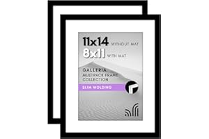 Americanflat 11x14 Picture Frame with Polished Plexiglass - Set of 2 - Use as 8x11 Frame with Mat or Display 11x14 Photo Without Mat - Galleria Collection - Picture Frames for Wall Display - Black