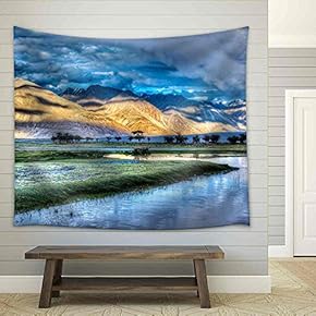 HDR (High Dynamic Range) Image of Nubra River in Nubra Valley in Himalayas, Hunder, Ladakh, India - Fabric Wall Tapestry Home Decor - 51x60 inches