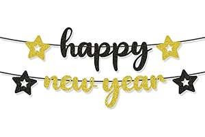 2026 Happy New Year Banner with Glittering Stars - Black and Gold New Years Eve Party Supplies & Hanging Decoration