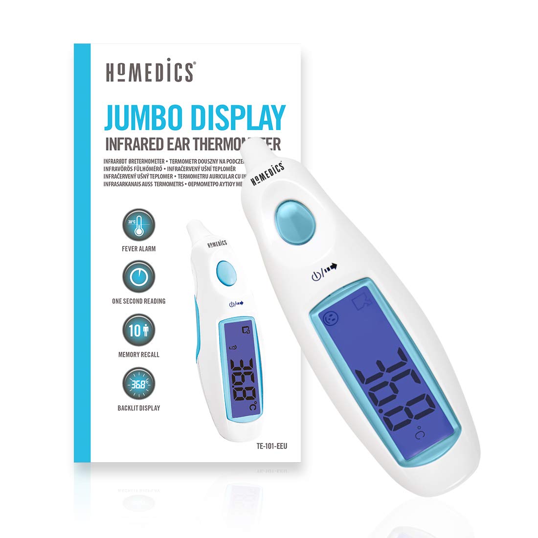 HoMedics Digital Medical Ear Thermometer with Jumbo Display - Highly Accurate Readings for Adult and Baby – Instant Measurement, Waterproof Probe, Fever Alarm, 10 Memories, Simple One Button Operation