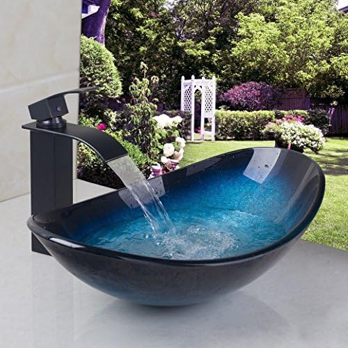OUBONI Unique Oval Artistic Bronze Tempered Bathroom Glass Vessel Sink With Oil Rubbed Bronze Faucet &amp; Pop-up Drain Combo