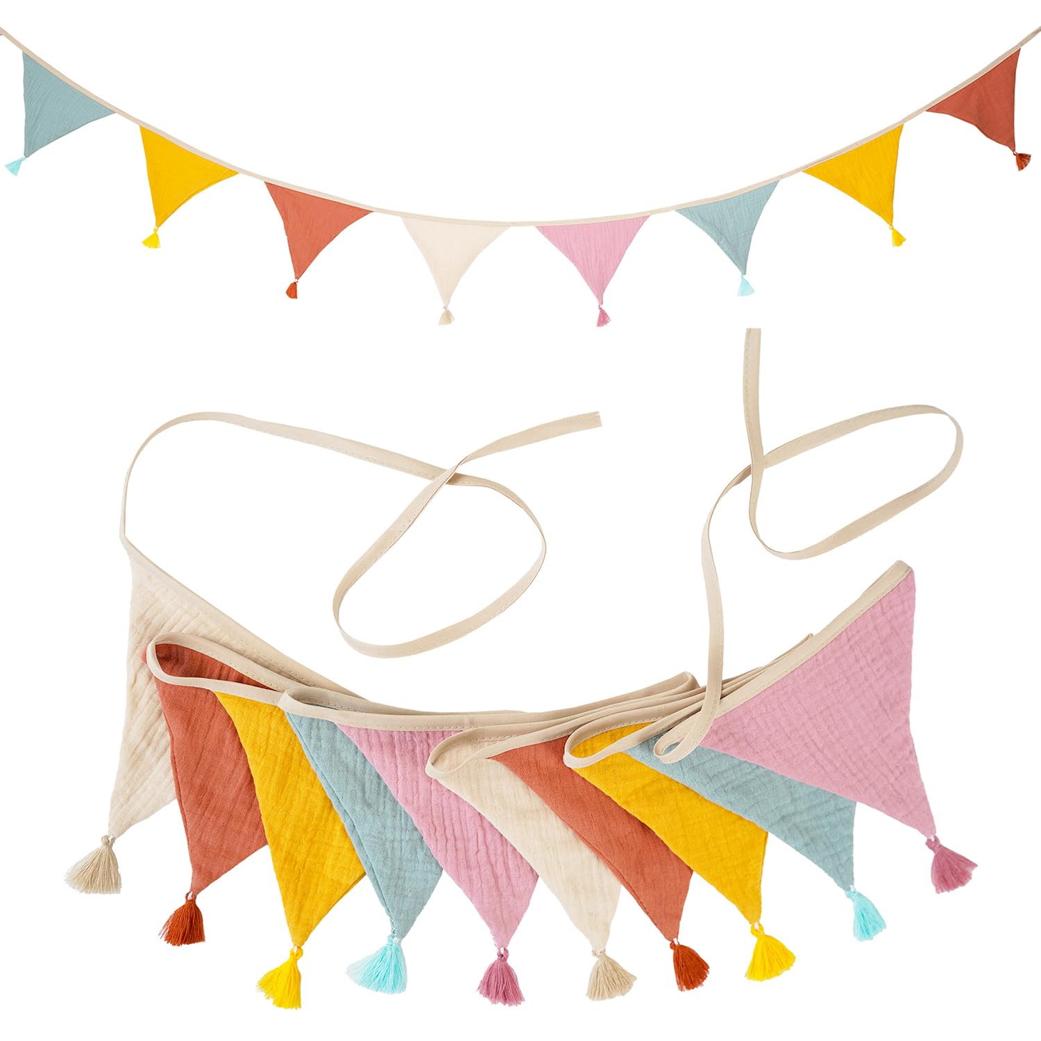 2.6m Fabric Bunting Banner with Tassel, 10PCS Multicolor Double-Sided Cotton Garland, Nursery Bunting for Baby Shower, Kids Room, Pastel Bedroom & Baby Room Decoration