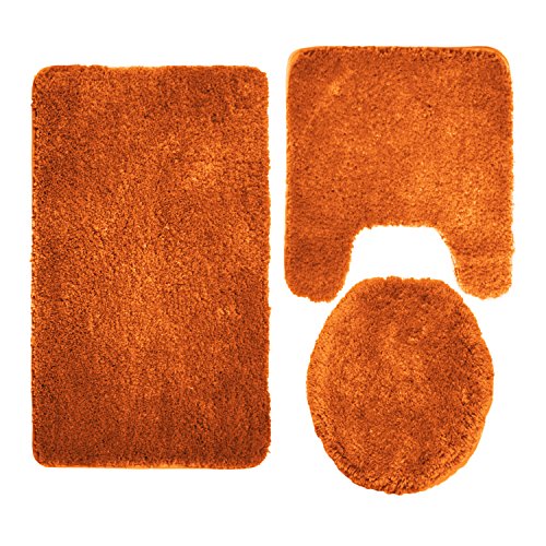 Mary 3 Piece Bathroom Rug Set, Luxury Soft Plush Shaggy Thick Fluffy Microfiber Bath Mat, Countour Rug, Toilet Seat Lid Cover, Non-Slip Rubber Back, Floor Mats Water Absorbent (Orange)
