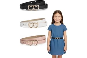 3 Pack Girls Belt Kids PU Leather Waist Belts, Fashion Double Heart Design Belts Metal Buckle for Dress Pants Jeans, Colorful