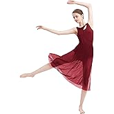 AFAVOM Women's Cutout Lyrical Dance Dress Adult Solid Backless Ballet Leotards Flowy Mesh Dress Contemporary Dance Costumes