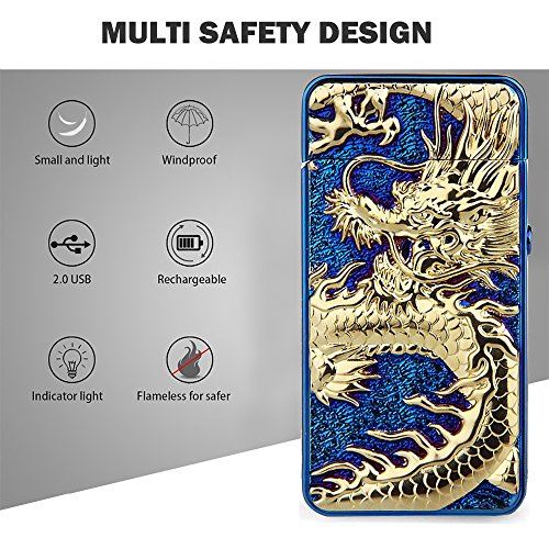 Pard Relief Dragon Windproof Cross Arc Lighter, USB Rechargeable Flameless Electronic Pulse Arc Cigarette Lighter, Blue