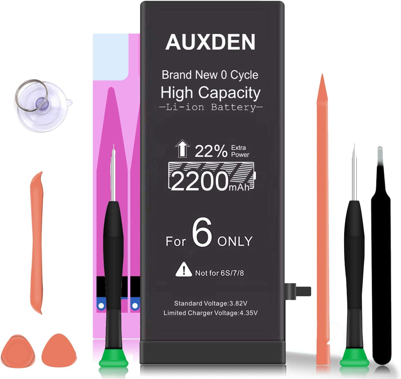 Auxden 2200mAh Battery for iPhone 6, High Capacity Replacement Battery with 0 Cycle, Complete Repair Tool Kits and Adhesive Strips Provided - 24-Month Warranty