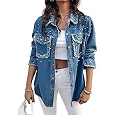CHICME Womens Casual Denim Jacket Contrast Sequin Long Sleeve Rhinestone Denim Jackets-bl-L