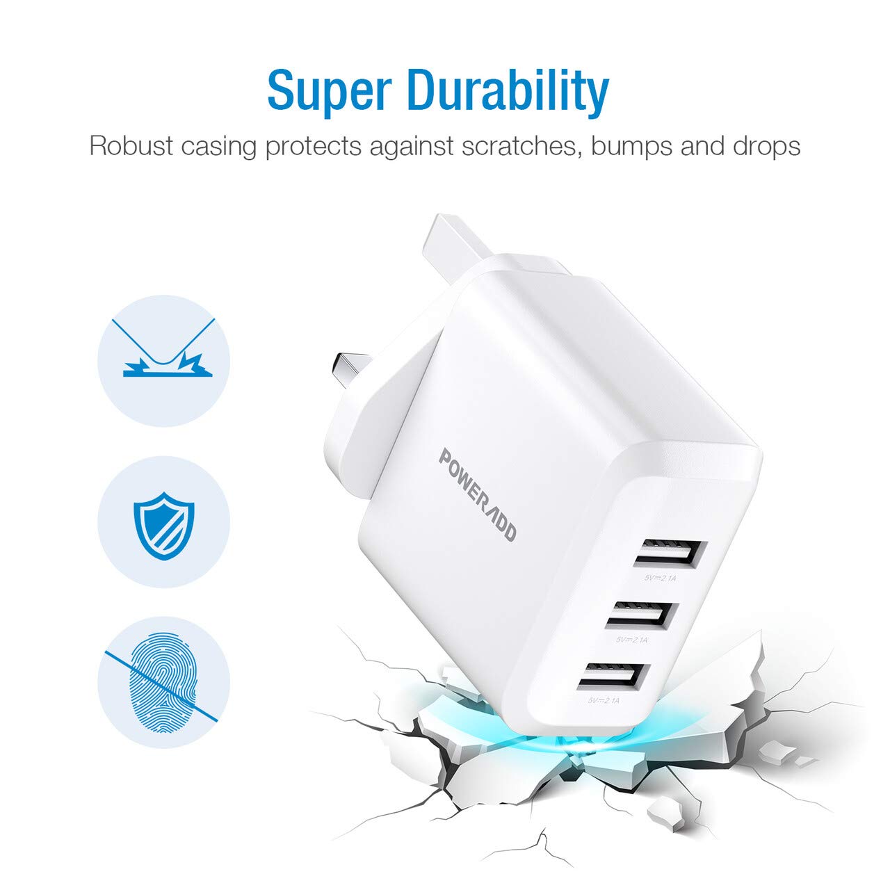 Poweradd 30W Main Charger, 3-Port USB Wall Charger, USB Plug Chargers Compatible with Apple iPhone 11 Pro/XS Max/XR/X/8/8 Plus, Galaxy, iPad and More - White