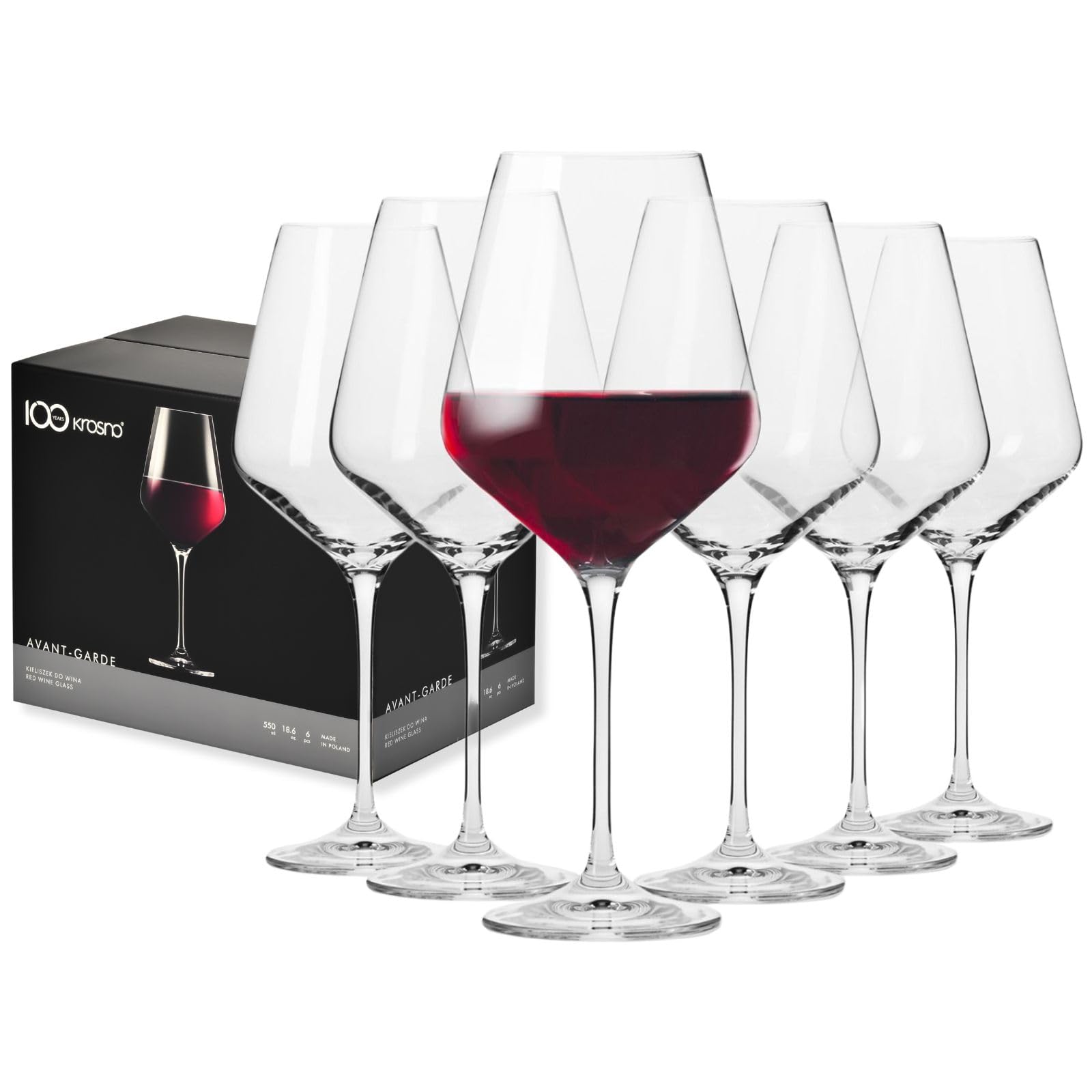 Krosno Red Wine Glasses | Set of 6 | 490 ML | Avant-Garde Collection | Lead-Free Crystal Glass | for Home, Restaurants & Parties | Dishwasher Safe