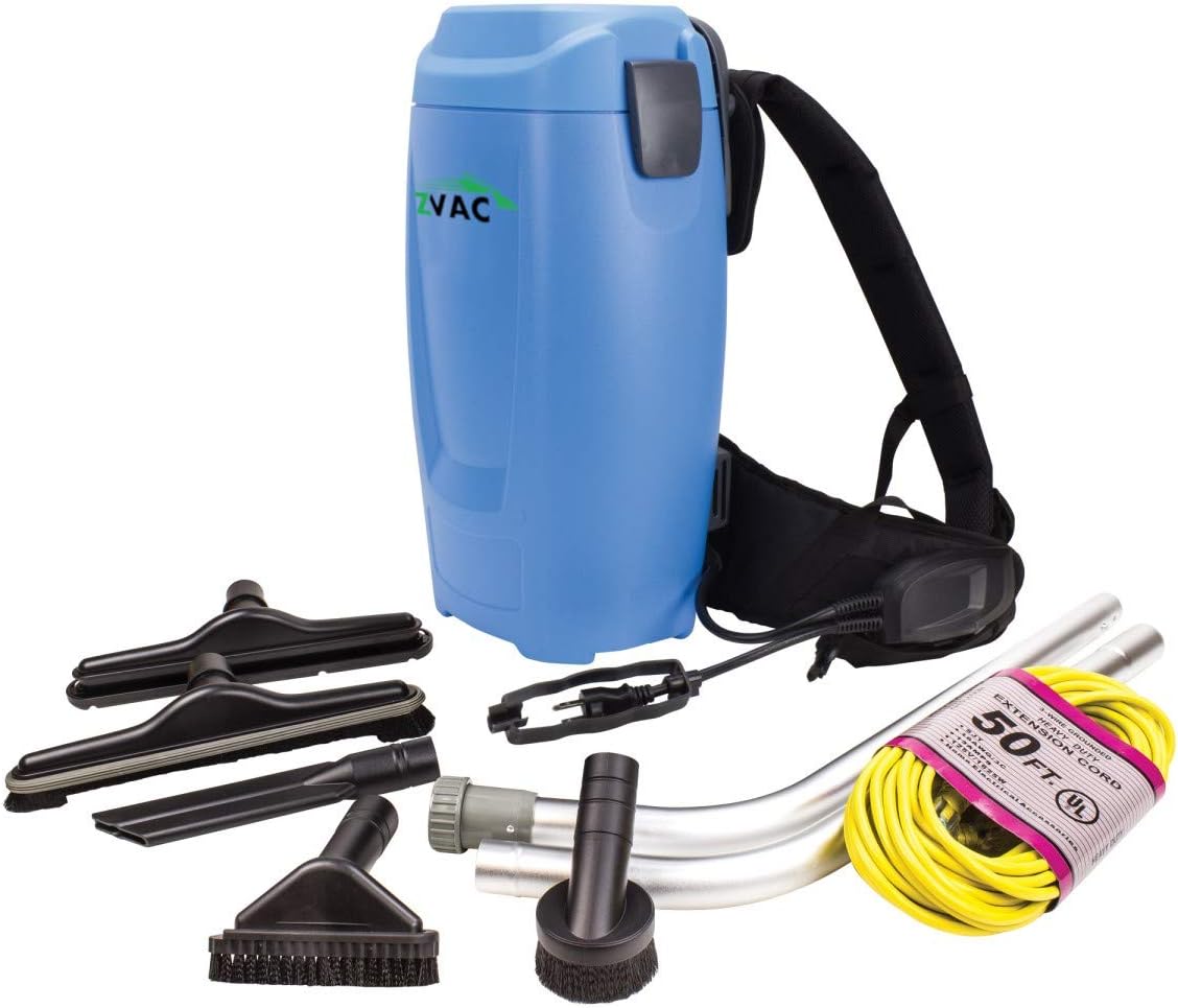 ZVac Backpack Vacuum Cleaner Commercial Grade ZBV-2 1.5 Gal. HEPA Filtration with Complete Attachment Tool Set, 50' Power Cable, Ergonomic Vacuum Cleaner Harness