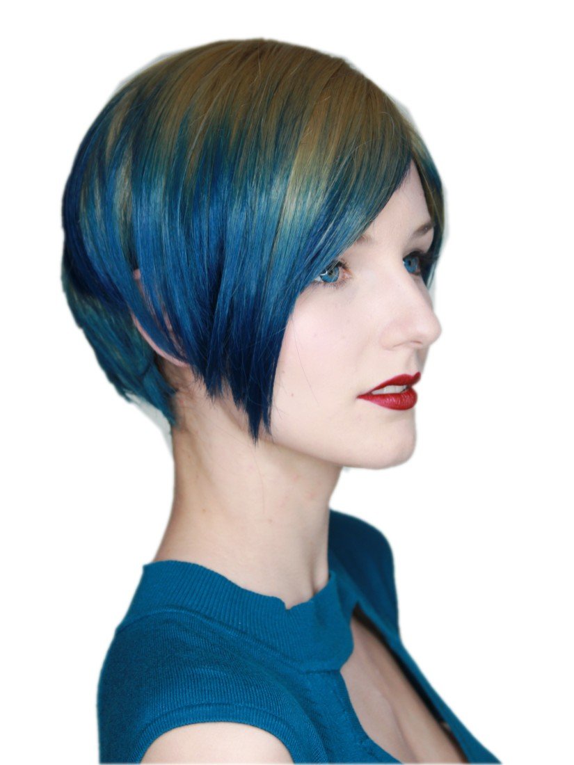Prettyland Tie-dye Straight Bob Cut Short-hair Wig Color Gradient Ombre Peacock Green Green Brown C717