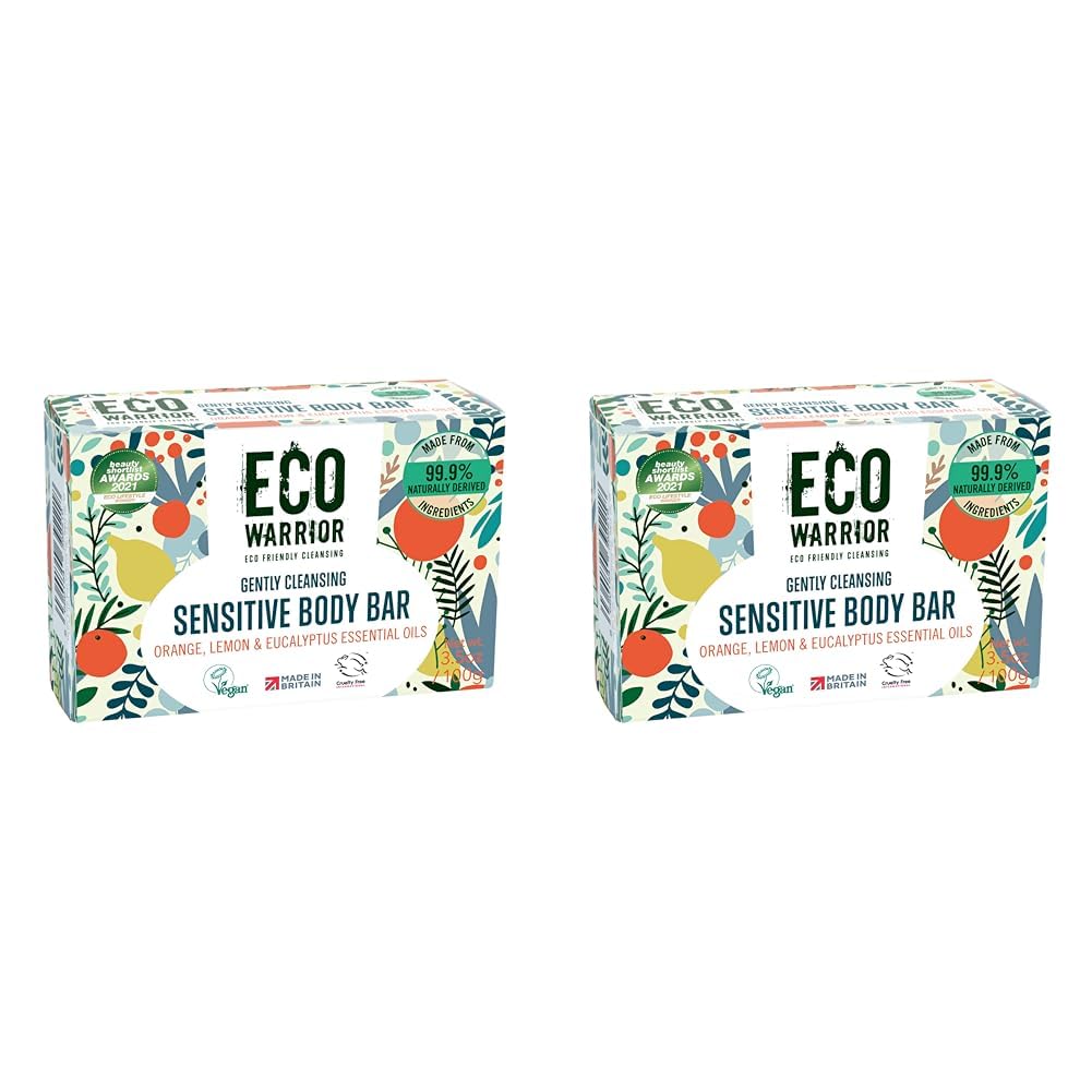 Eco Warrior Sensitive Body Soap Bar - Vegan, Cruelty Free, No SLS or Parbens, Gently Cleansing With Green Clay & Orange, Lemon, Eucalyptus Essential Oils - Eco Friendly Body Bar, 100g (Pack of 2)