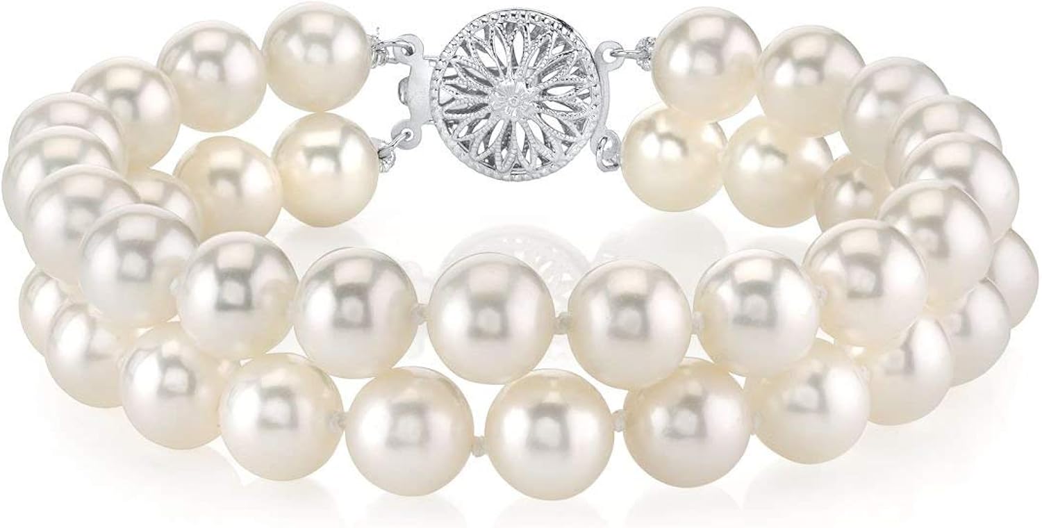THE PEARL SOURCE Sterling Silver 6-7mm AAA Quality Round White Freshwater Cultured Pearl Double Strand Bracelet for Women: Jewelry