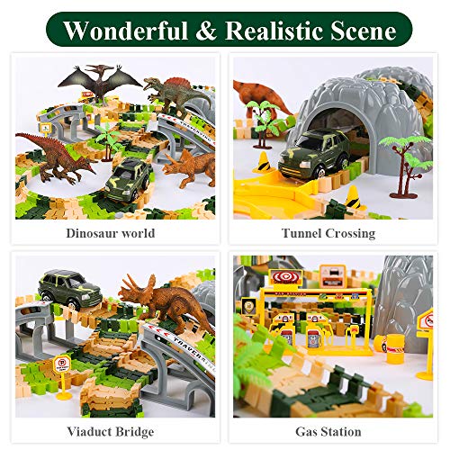 TEMI 348PCS Dinosaur Train Toys for Kids 3 4 5 6 7 Years, Longer Track, 6 Realistic Jurassic Dino Figures, 2 Electric Toy Car, Twisted Flexible Train Track Set for Toddlers, Boys & Girls