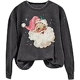 MYCHTE Retro Pink Santa Christmas Sweatshirt Women Vintage Santa Claus Graphic Tee Casual Long Sleeve Xmas Pullover Top